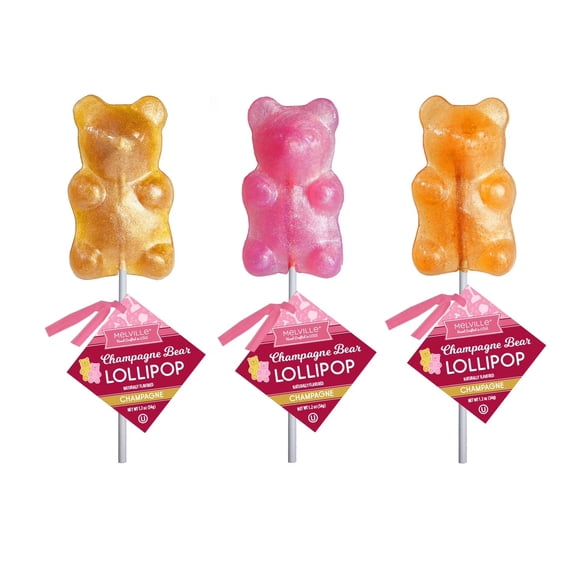 Melville Candy Hard Candy Valentine Lollipop, Champagne Bear Pops - 3 Count Gusset Bag