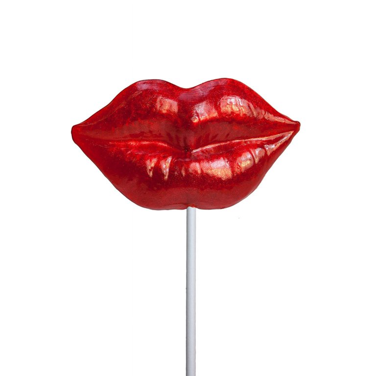 Melville Candy Hard Candy Valentine Red Lips Lollipop, With Red Glitter - 3  Count Gusset Bag 