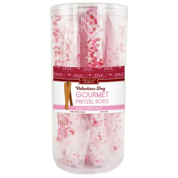 Melville Valentines Day Gourmet Pretzel Rods, White Chocolatey Coated with Heart Confetti Sprinkles