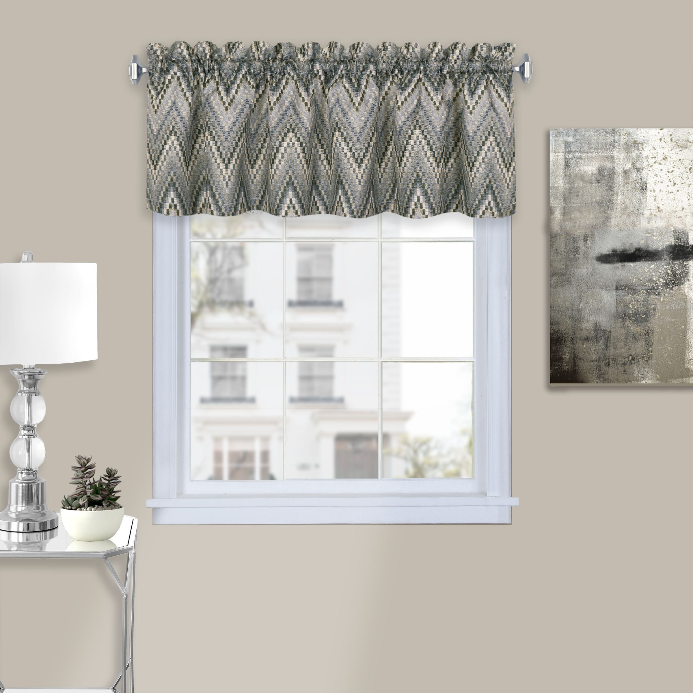 Charcoal Chevron Polyester Rod Pocket Tier Curtains and Valance Set