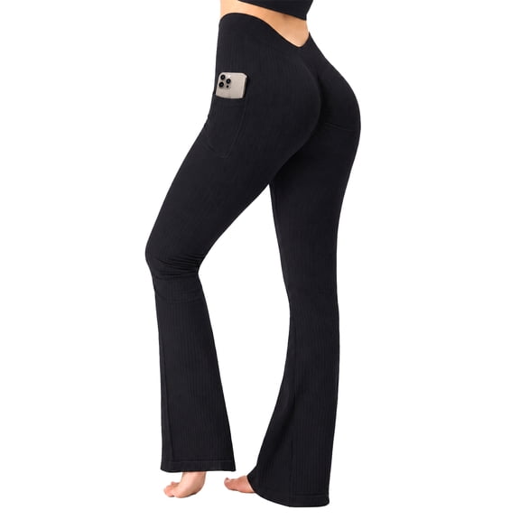 Melvthol High Waist V‑Back Scrunch Butt Flare Leggings for Women Ribbed Tummy Control Yoga Workout Pants with Deep Side Pockets Navy Blue S‑2XL