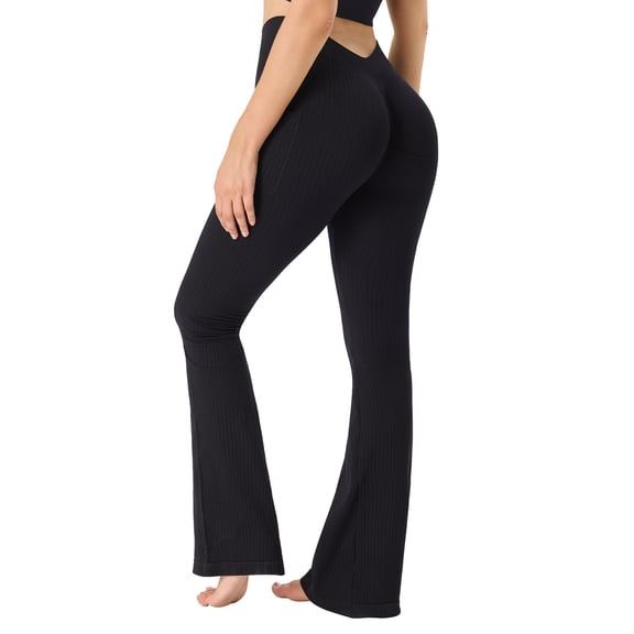 Melvthol High Waist V‑Back Scrunch Butt Flare Leggings for Women Ribbed Tummy Control Yoga Workout Pants with Deep Side Pockets Navy Blue S‑2XL