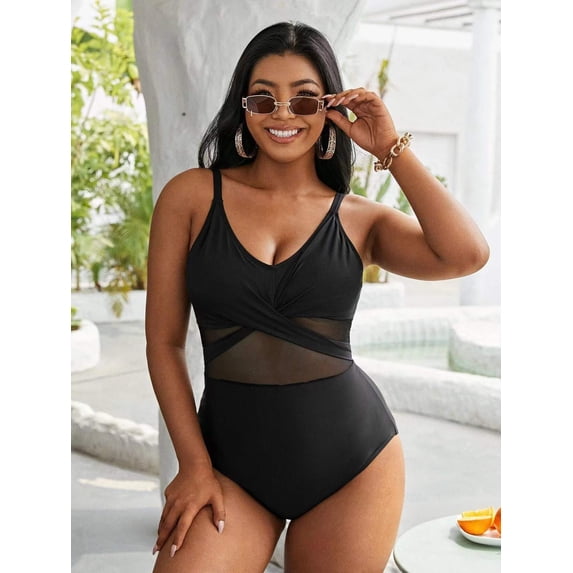 Melyum Plus Size One Piece Women's Swimsuit V neck Mesh Swimwear Lace Up Solid Black Back Hook Bathing Suits