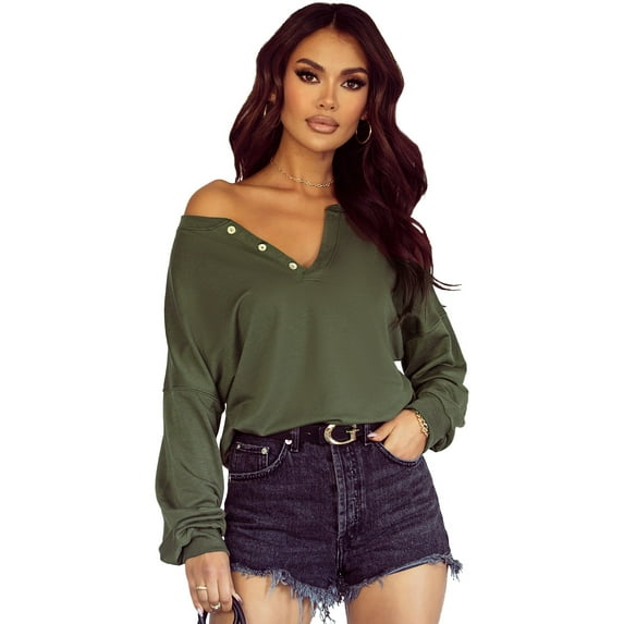 Melyum Women's Long Sleeve Tops Pullover with Buttons Down Casual Loose Fit V-Neck loose fit tops