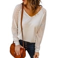 thumbnail image 1 of Melyum Womens Plus Size Long Sleeve V Neck T-Shirt Striped Sheer Mesh Raglan Tees Loose Casual Tops, 1 of 5