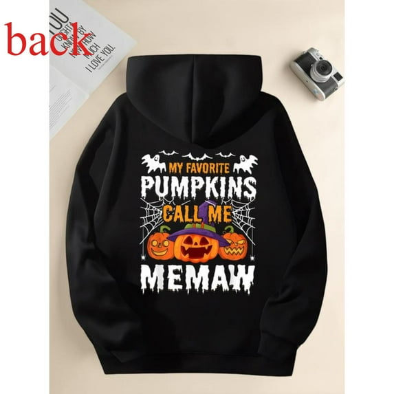 Memaw Halloween Sweatshirt Tops Pumpkin Print Costume Party Trendy Hooded long-sleeved Black S-2XL