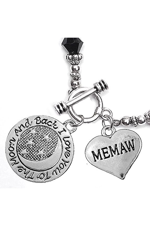 Memaw, I Love You To The Moon And Back Jet Crystal Charm Bracelet, Hypoallergenic, Safe, Nickel, Lead, & Cadmium Free.
