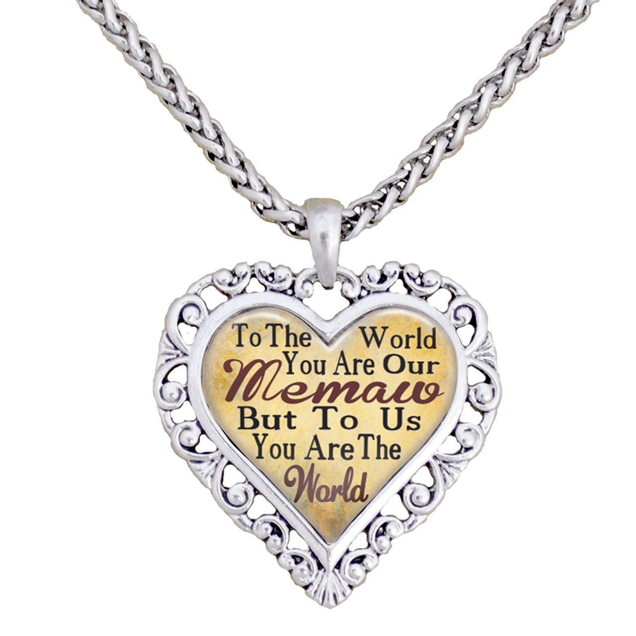 Memaw Silver Plated Heart Crystal Charm Bracelet - 7.5" Braided Band With 1" Clear Rhinestone Heart