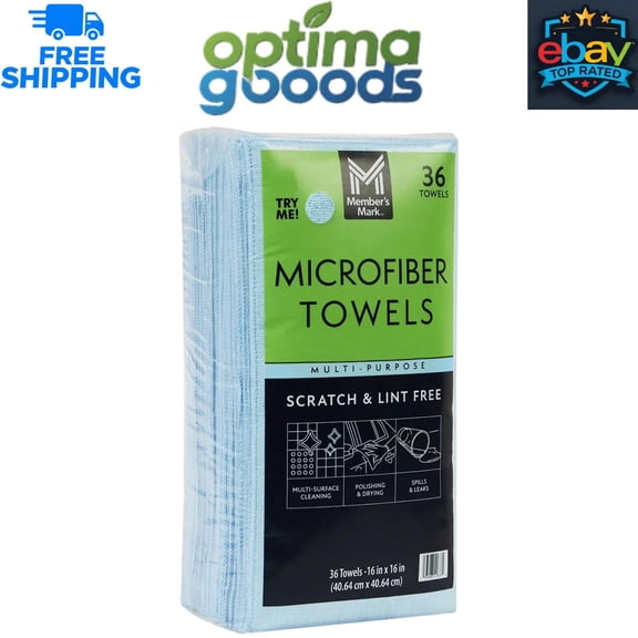 Member's Mark Microfiber Towels Blue, 16" x 16", 36 Count Cleaning Cloths
