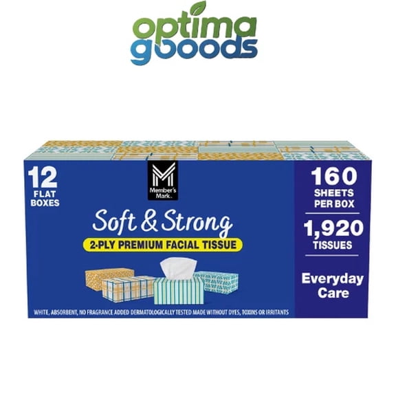 Members Mark Soft & Strong 2-Ply Facial Tissues 12 Boxes 160 Ct Each Box.