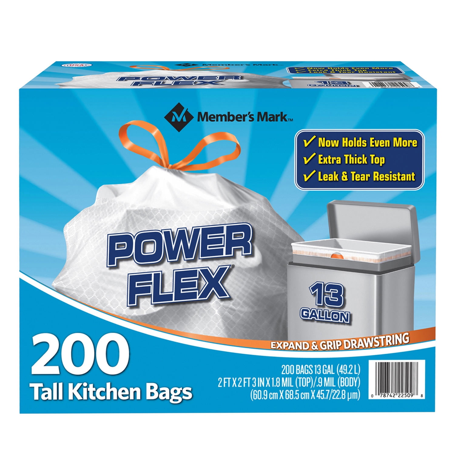 M.M.Power Flex Tall Kitchen Drawstring Trash Bags, Unscented (13 gal