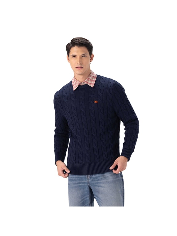 Men's Crew Neck Cable Sweater - Navy - S