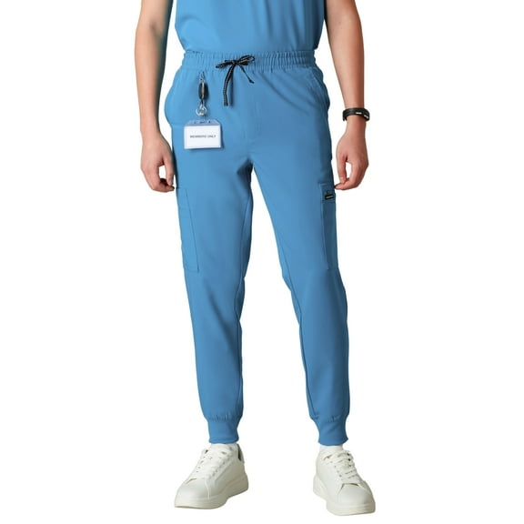 Members Only Men's Premium Drawstring Jogger Cargo Scrub Pants with 11 Pockets - Ceil Blue - S