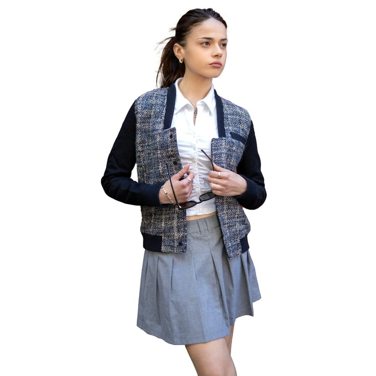 Members Only Women s Updated Tweed Varsity Jacket Navy Large Walmart