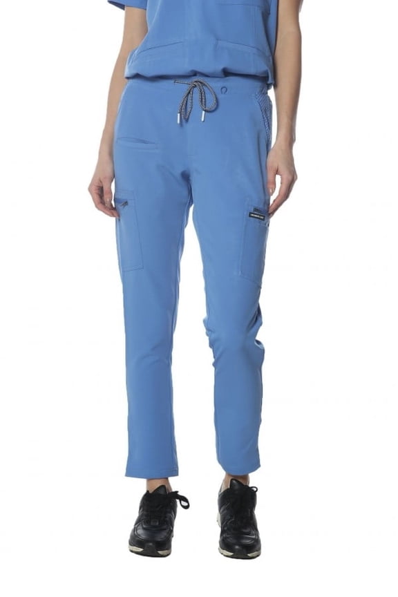 Womens Scrub Jogger Cargo Pant With Open Bottom Leg (Printed Waist Pocket Bags) -Ceil Blue-Ceil Blue-Medium
