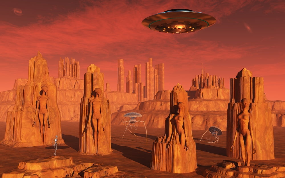 Members of the planets advanced civilization leaving Mars Canvas Art - Mark StevensonStocktrek Images (36 x 23)