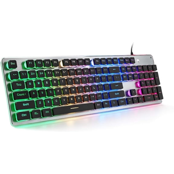 Membrane Gaming Keyboard, Colorful LED Backlit Quiet Keyboard for Study, -Metal Panel USB Wired 25 Anti-ghosting Computer Keyboard 104 - L1 Black/...