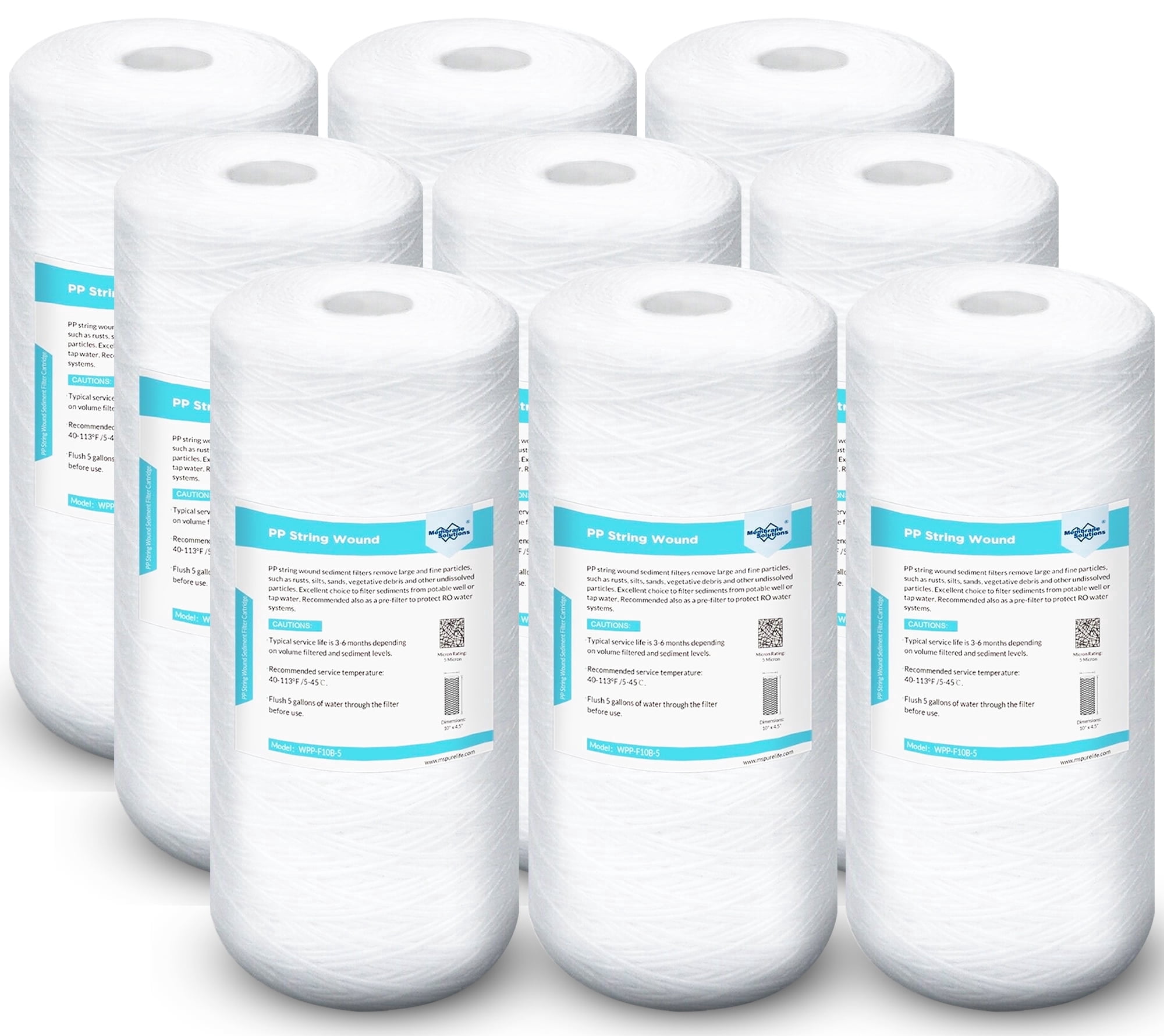 Membrane Solutions 10 Micron 10" x 4.5" Whole House String Wound Sediment Filter for Well Water, Compatible with 84637, WPX5BB97P, PC10, 355214-45, 355215-45, WP10BB97P, WP5BB97P, 9 Pack