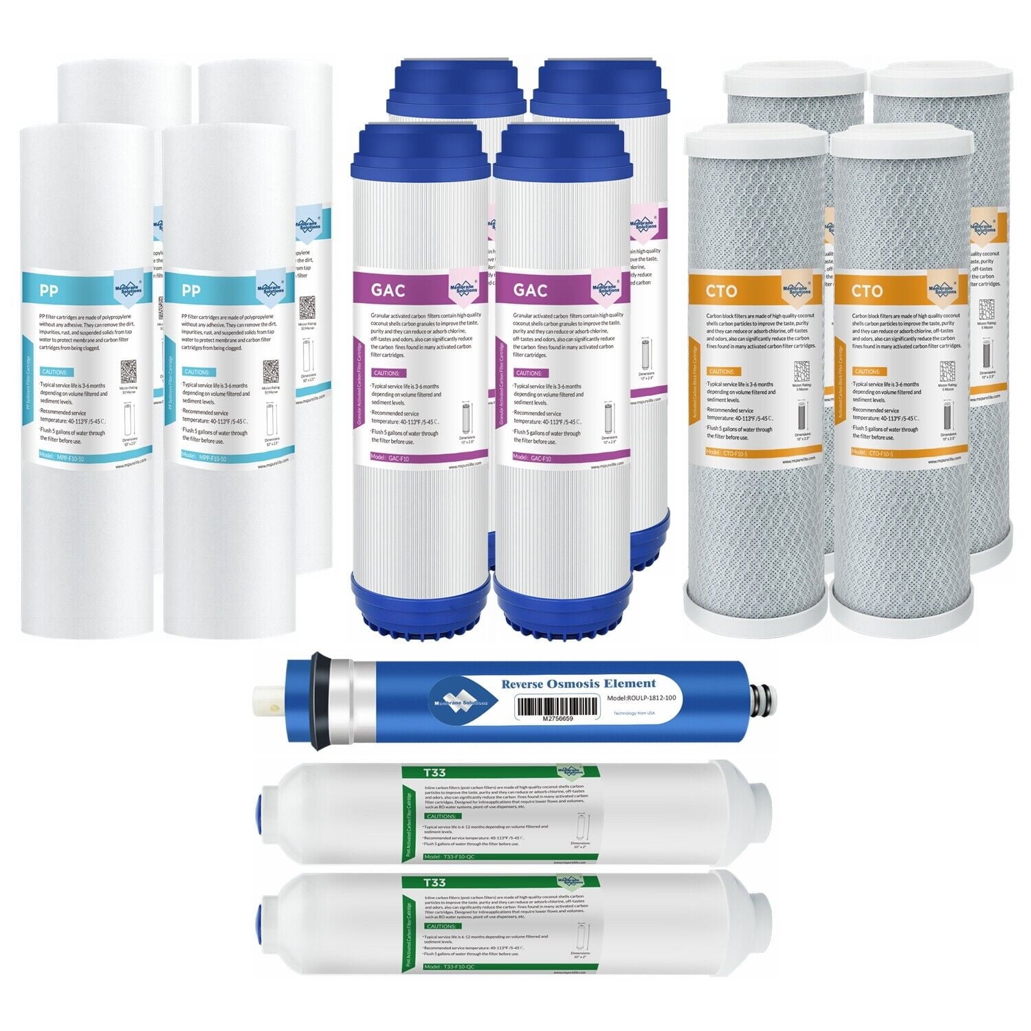 Membrane Solutions 2-Year Reverse Osmosis System Replacement Filter Set, 10-inch Water Filters with 36 GPD RO Membrane, Carbon Filters, Sediment Filters