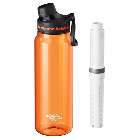 Membrane Solutions 36oz Filtered Water Bottle with Straw and Replaceable Plastic Water Filter,for Hiking,Camping,Outdoor Survival Adventure,Travel,Orange