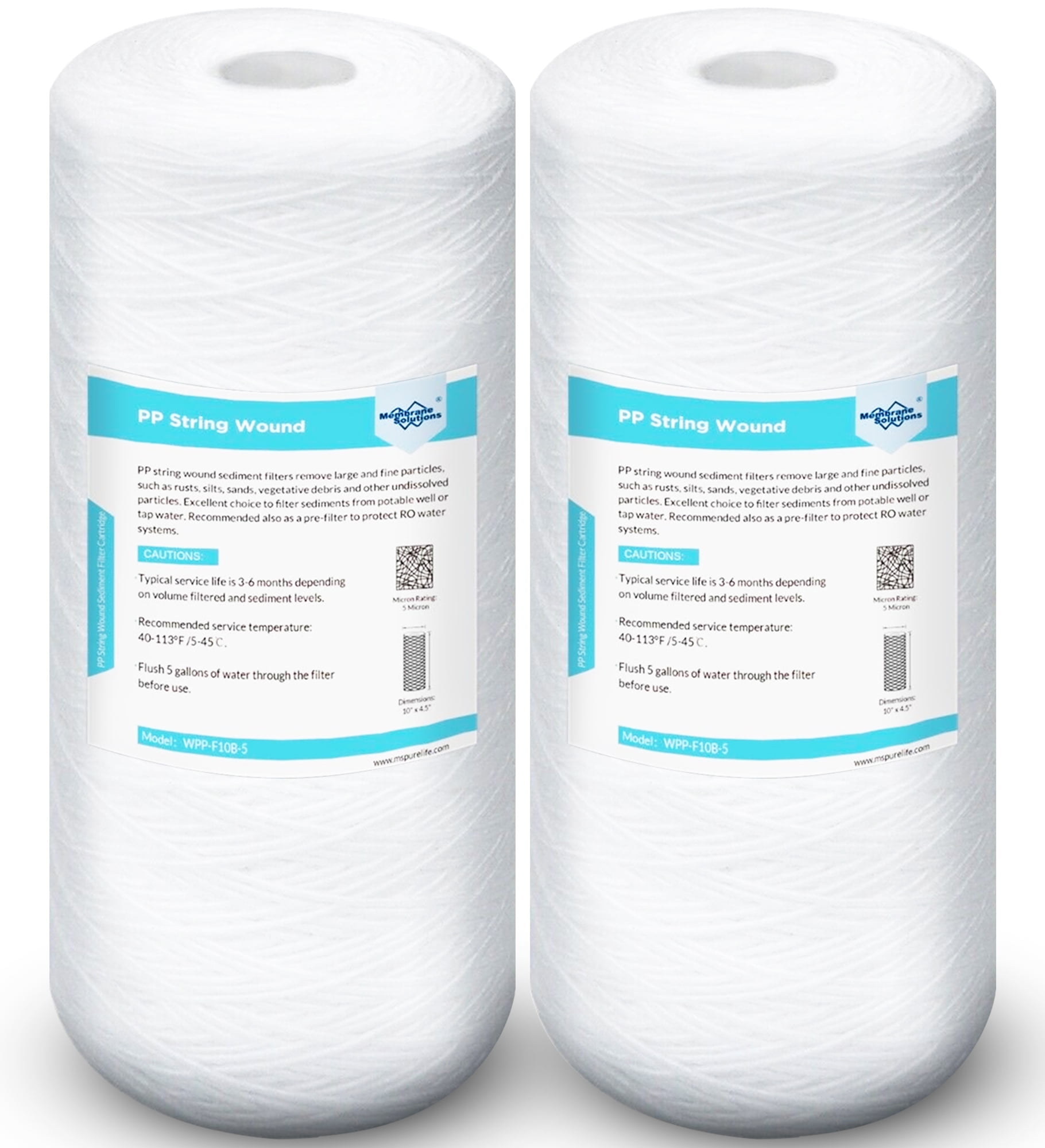 Membrane Solutions 5 Micron 10" x 4.5" Whole House String Wound Sediment Filter for Well Water, Compatible with 84637, WPX5BB97P, PC10, 355214-45, 355215-45, WP10BB97P, WP5BB97P, 2 Pack