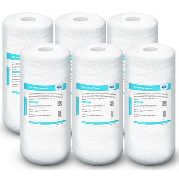 Membrane Solutions 5 Micron 10" x 4.5" Whole House String Wound Sediment Filter for Well Water, Compatible with 84637, WPX5BB97P, PC10, 355214-45, 355215-45, WP10BB97P, WP5BB97P, 6 Pack