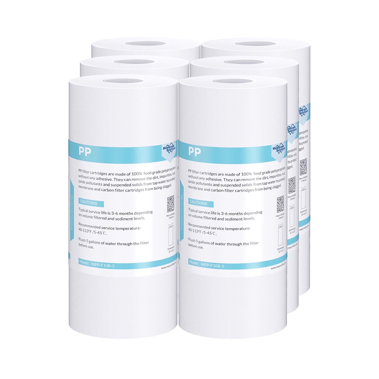 Membrane Solutions Whole House Water Filter Replacement Cartridge Universal Filter Reduces Sediment, Dirt, Rust and Particles, 10x2.5in,5Micron, 6Pack