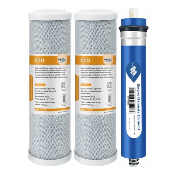 Membrane Solutions Combo Pack Water Filter Replacement Cartridge Compatible GE RO Set GXRM10RBL GXRM10G Reverse Osmosis Systems, 2x Carbon Filters, 1x 75GPD RO Membrane Filter