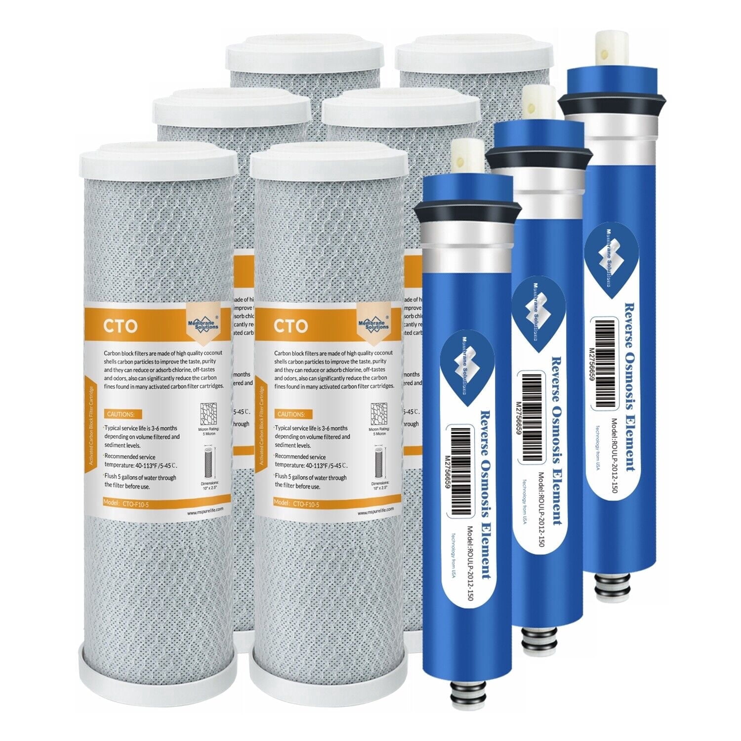 Membrane Solutions Combo Pack Water Filter Replacement Cartridge Compatible GE RO Set GXRM10RBL GXRM10G Reverse Osmosis Systems, 6x Carbon Filters, 3x 150GPD RO Membrane Filter