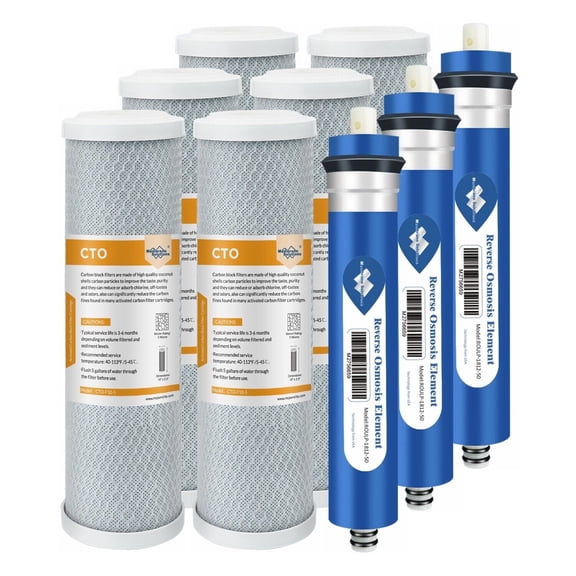Membrane Solutions Combo Pack Water Filter Replacement Cartridge Compatible GE RO Set GXRM10RBL GXRM10G Reverse Osmosis Systems, 6x Carbon Filters, 3x 50GPD RO Membrane Filter