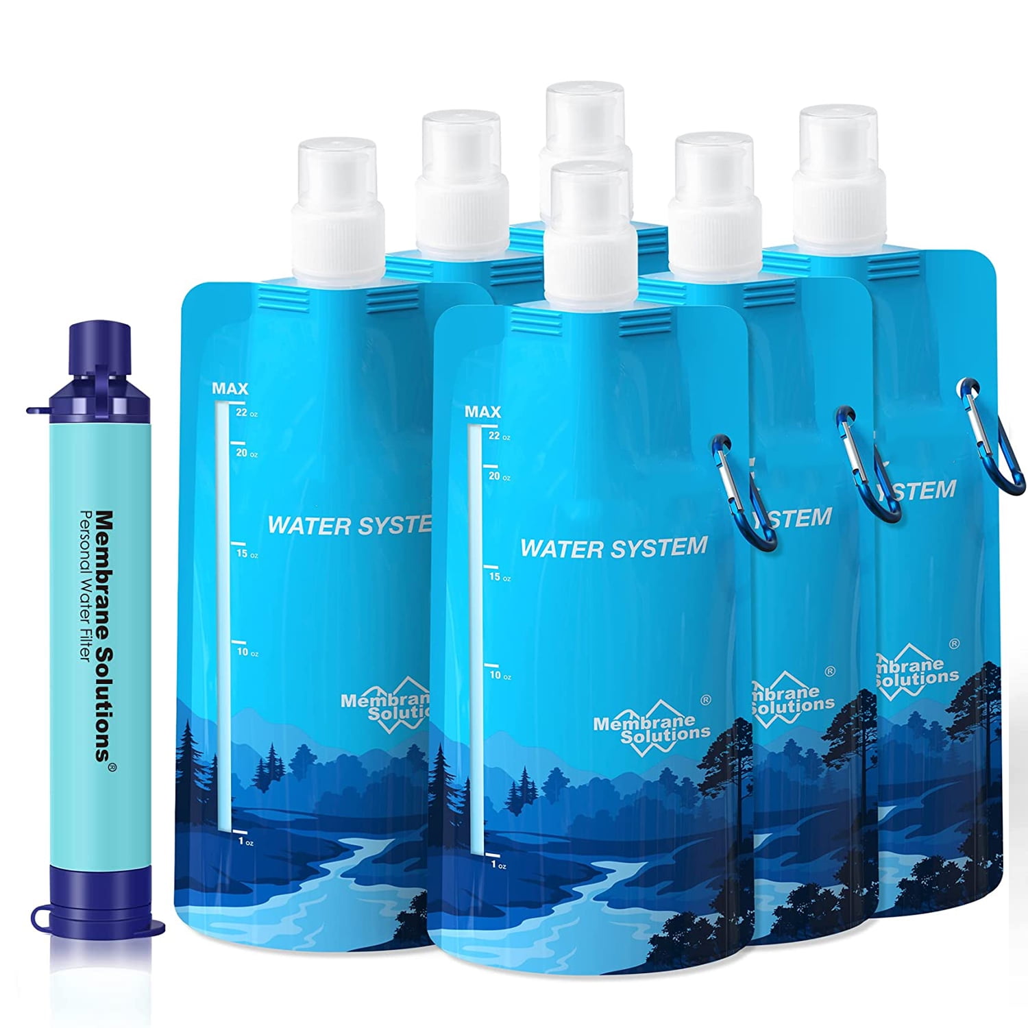 Membrane Solutions Water Filtration System, Survival Water Filter Straw and 6 Pack 23oz