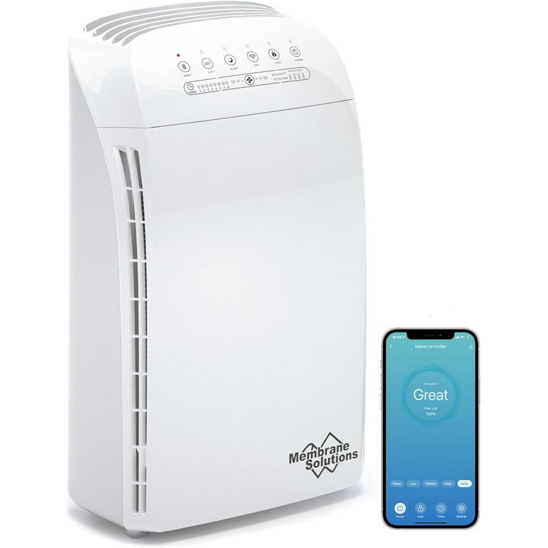 Membrane Solutions WiFi Air Purifier for Allergies and Asthma with H13 True HEPA Filter Air Cleaner for Home Large Room MSA3S White