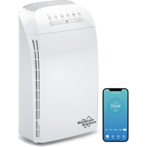 Membrane Solutions WiFi Air Purifier for Allergies and Asthma with H13 True HEPA Filter, Air Cleaner for Home Large Room, MSA3S, White