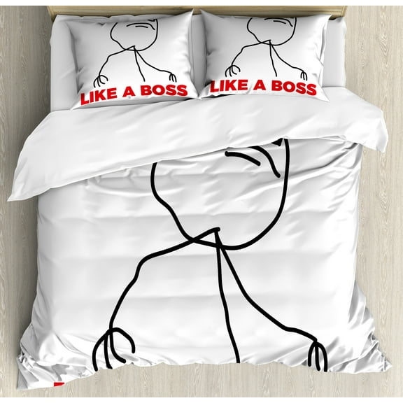Meme Duvet Cover Set, Funny Simple Stickman with Cool Expression and Like a Boss Typography, Decorative 3 Piece Bedding Set with 2 Pillow Shams, Calking Size, Black Vermilion, by Ambesonne