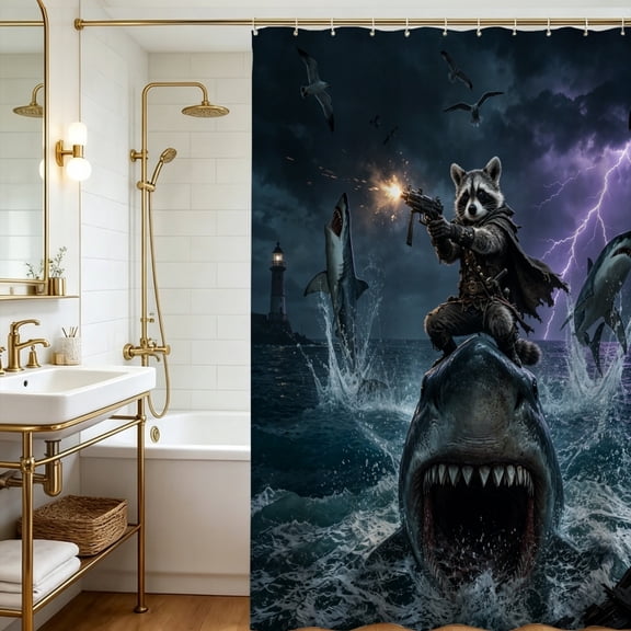 Meme Raccoon Shark Ocean Battle Humor Shower Curtain, Trendy Holiday Bathroom Space Partition Decor, Thanksgiving Christmas Gift