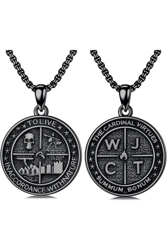 Memento Mori Necklace 925 Sterling Silver Amor Fati Stoic Four Virtues Necklaces Nature Jewelry Christmas Stoicism Gifts for Men Women Black/Gold/Silver