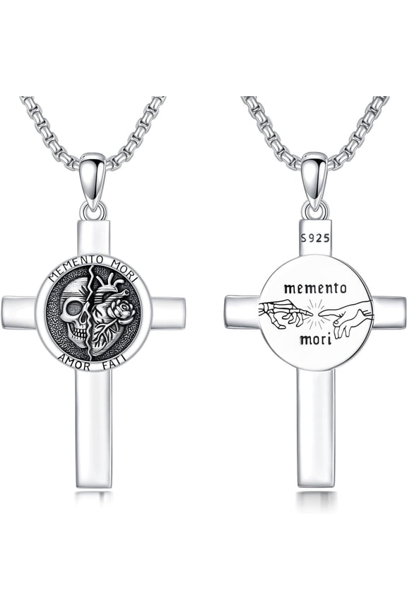 Memento Mori Necklace 925 Sterling Silver Memento Mori Pendant Gothic Skull Jewelry Gift for Men Women 22+2 Inch Chain
