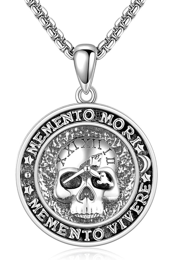 Memento Mori Necklace 925 Sterling Silver Memento Mori Pendant Skull Clock Jewelry Gifts for Men
