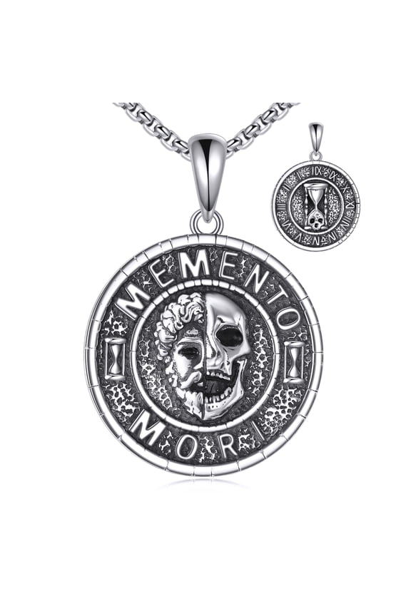 Memento Mori Necklace 925 Sterling Silver Momento Mori Pendant Necklace Amor Fati Skull Stoic Coin Jewelry Gifts for Men Women