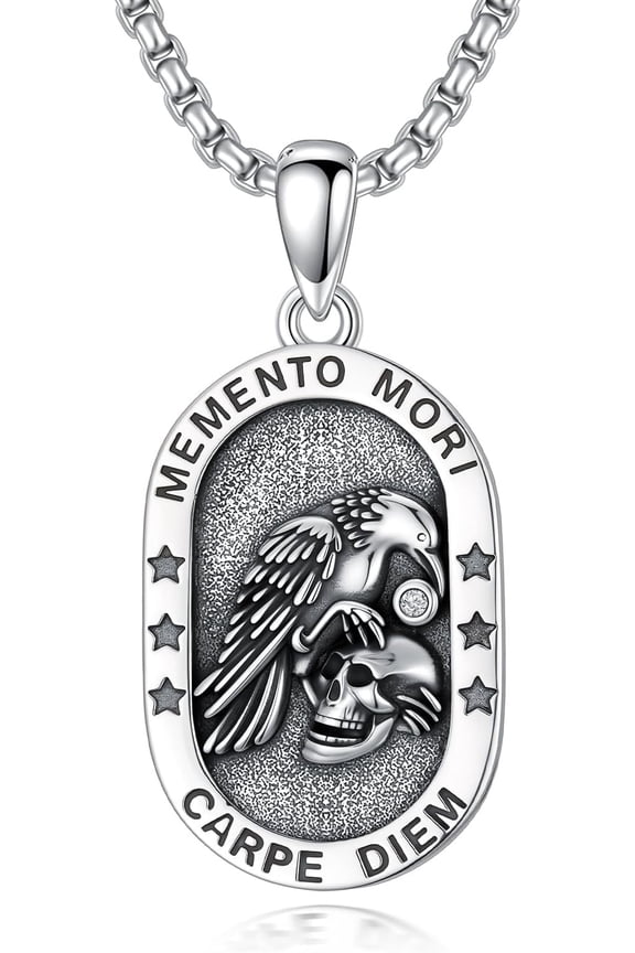 Memento Mori Necklace 925 Sterling Silver Skull Hourglass Raven Necklaces Santa Muerte Memento Mori Jewelry Gifts for Men Anniversary