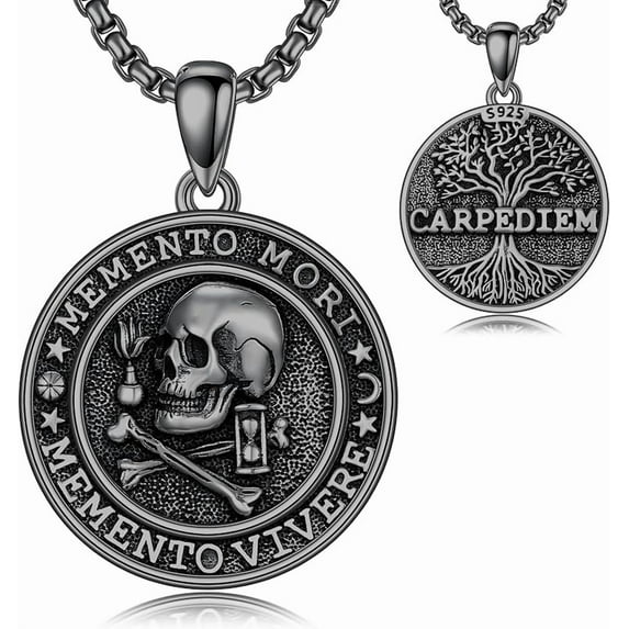 Memento Mori Necklace 925 Sterling Silver Skull Pendant Hourglass Tree of Life Memento Mori Jewelry Gifts for Men Women