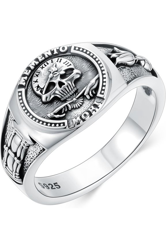 Memento Mori Ring 925 Sterling Silver Skull Hourglass Ring Memento Mori Jewelry Gifts for Women Men for Christmas Father's Day Size 7-10