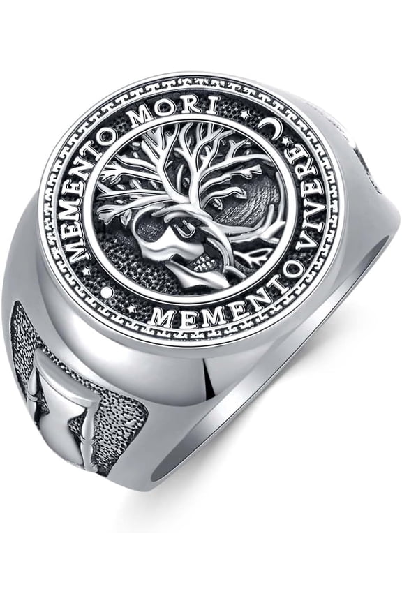 Memento Mori Ring for Men 925 Sterling Silver Tree of Life Ring Gothic Skull Memento Vivere Ring Amulet Jewelry Gifts Size 7 to 10