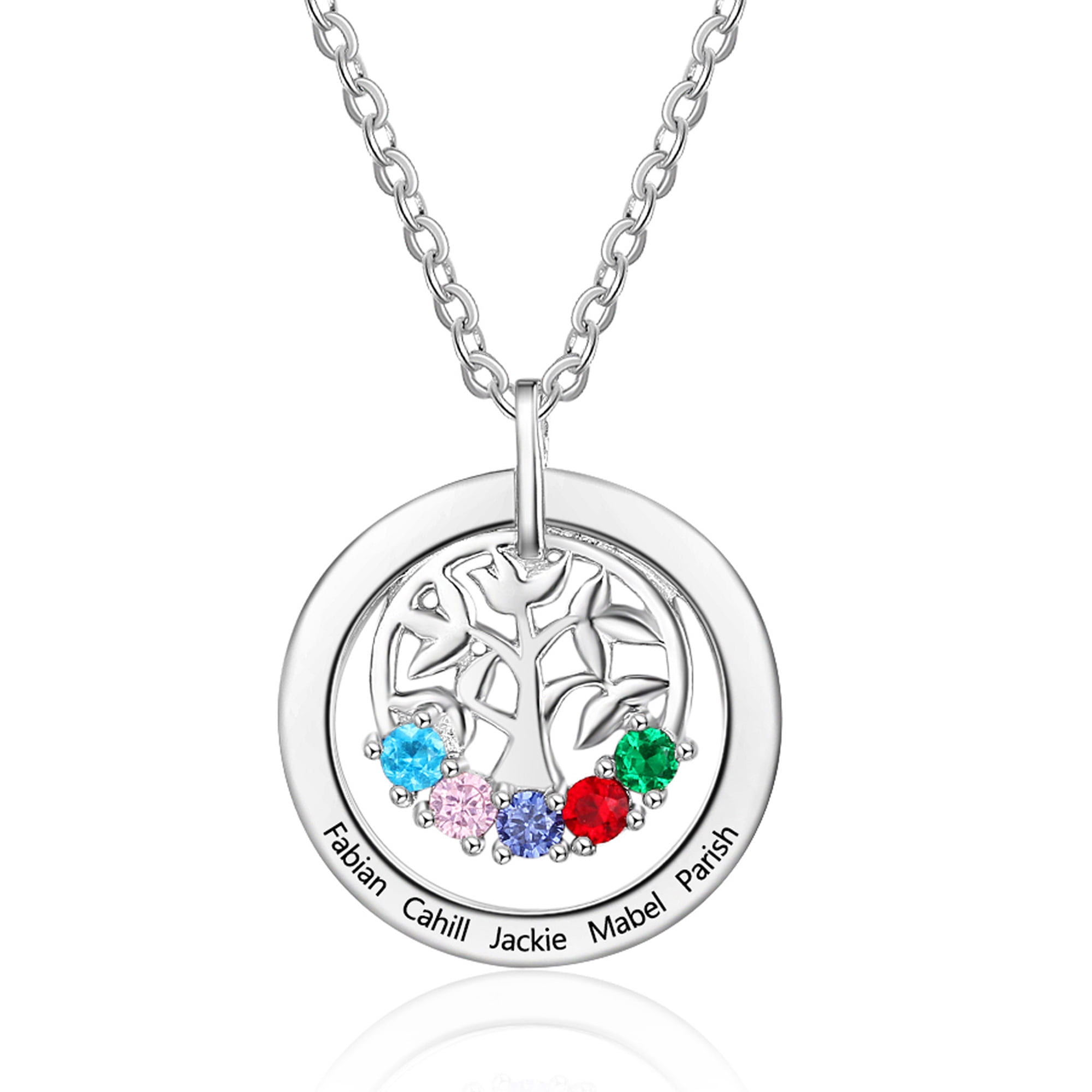 MEMENTOS JEWELRY Mementos Personalized Family Tree Pendant Necklace Sterling Silver with 5 Birthstone Name