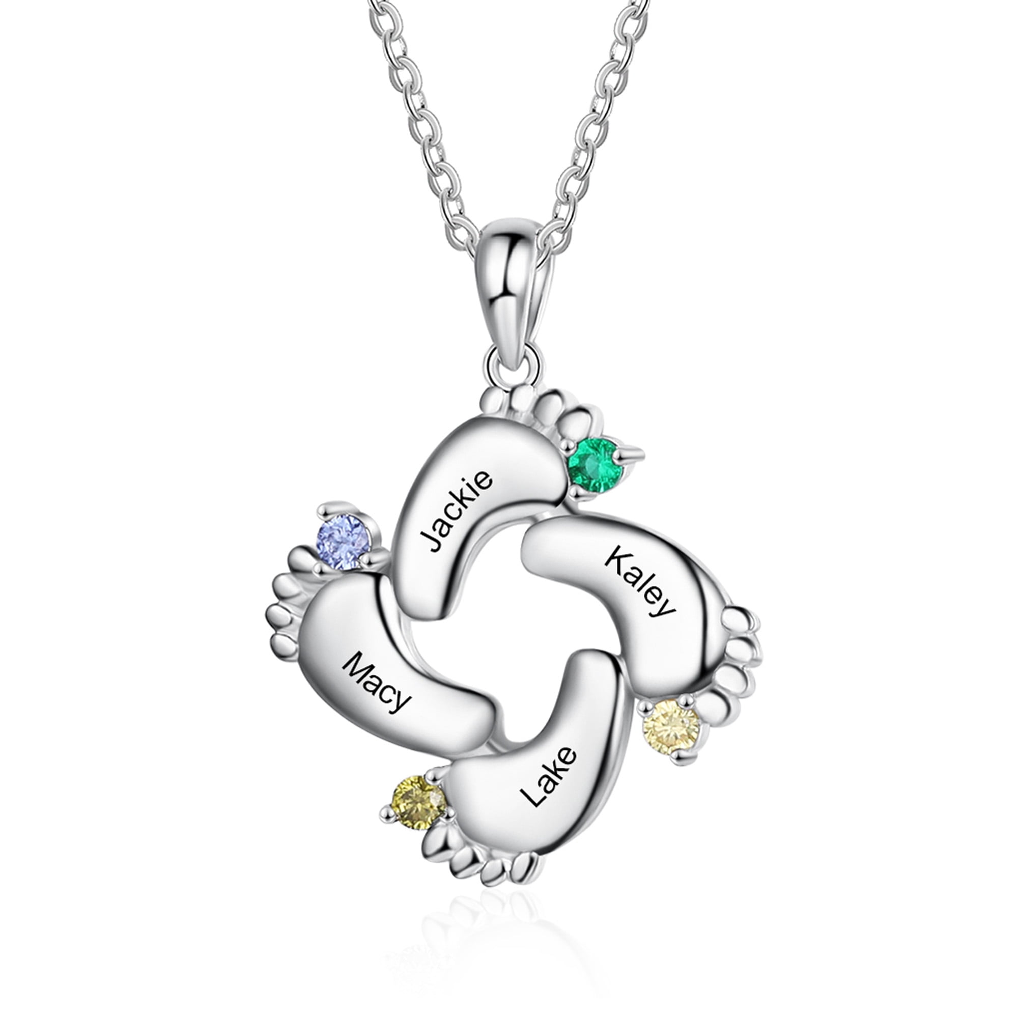 Mementos Jewelry Personalized Sterling Silver Footprint Family Mother Necklace 4 Birthstone and Name