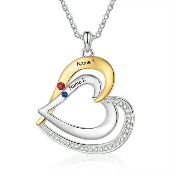 Mementos Personalized Heart Family Necklace for Women Sterling Silver with 2 Birthstones and Names