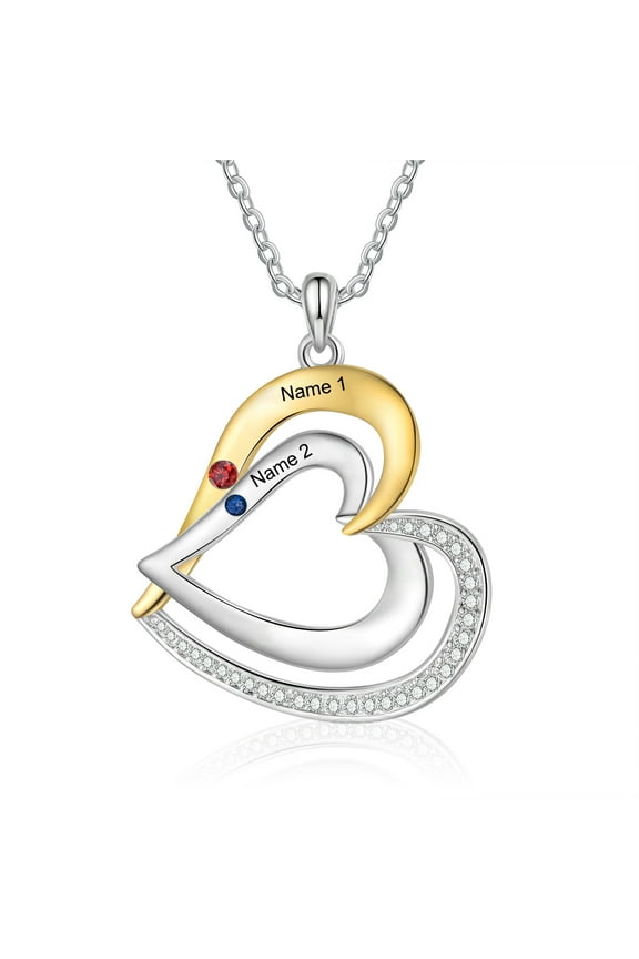 Mementos Personalized Heart Family Necklace for Women Sterling Silver with 2 Birthstones and Names