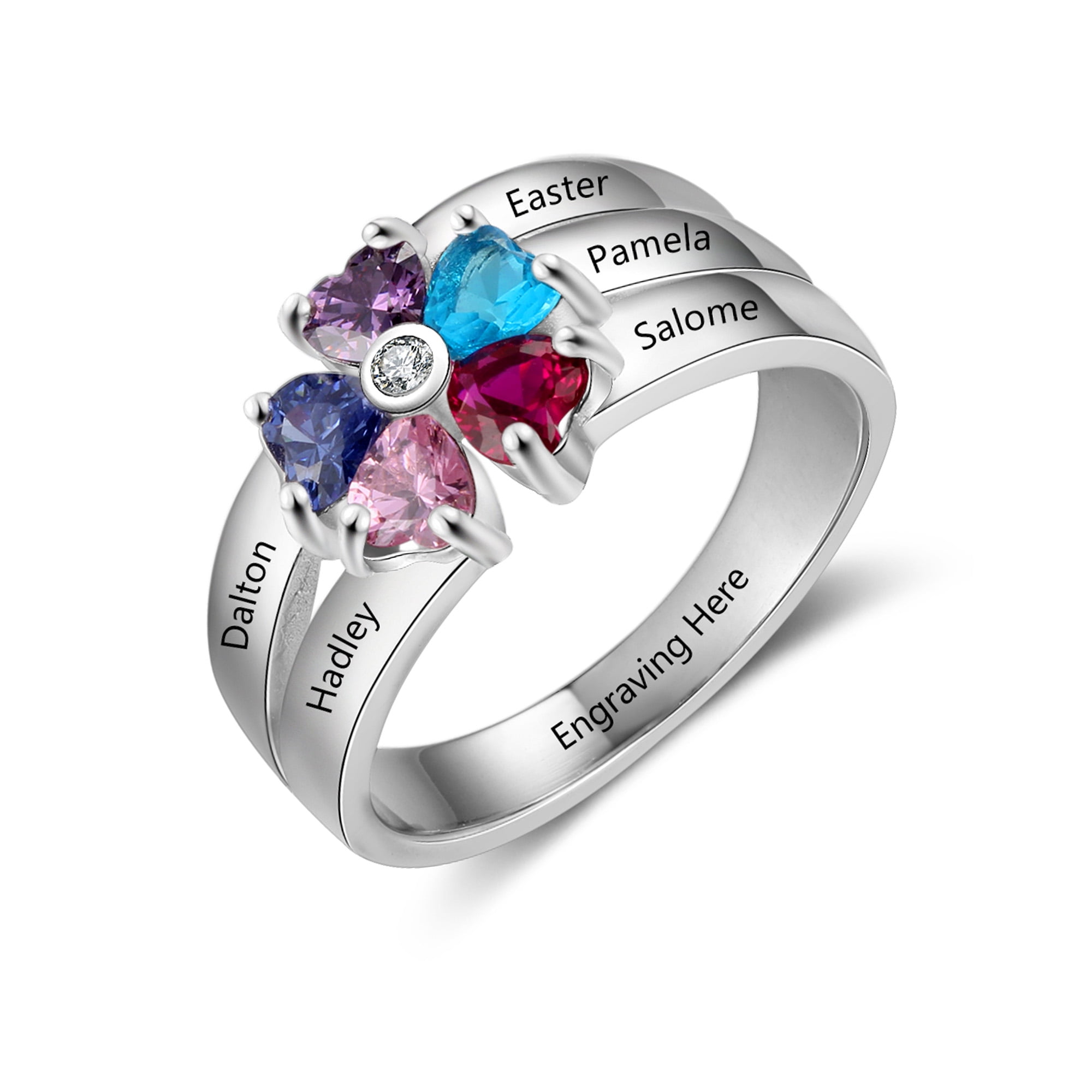 Mementos Jewelry Sterling Silver Personalized Family Rings for Women with 4 Birthstones and Names