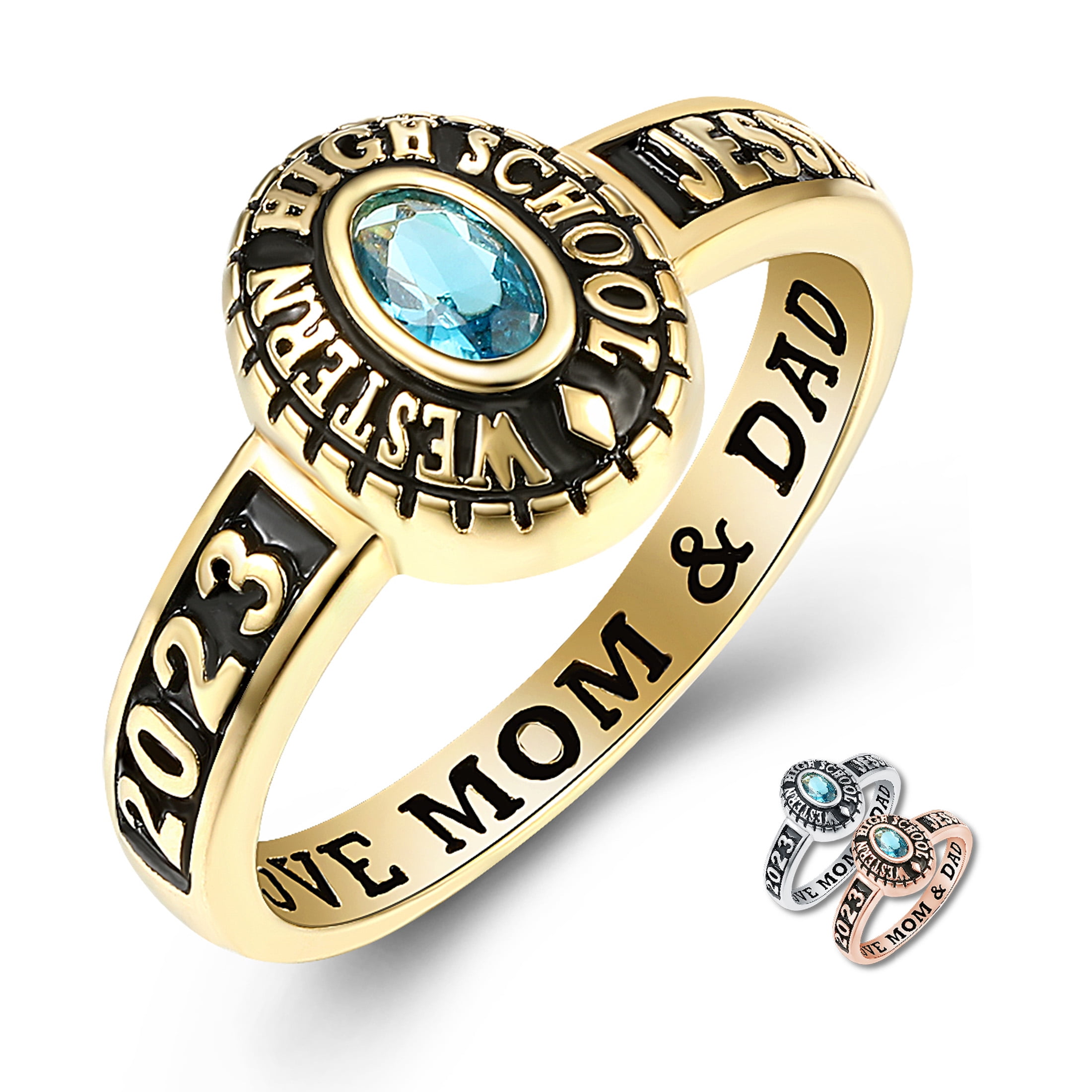 Mementos PJM Custom Class Rings for Women High School or College-Sterling Silver 925/Gold Plated