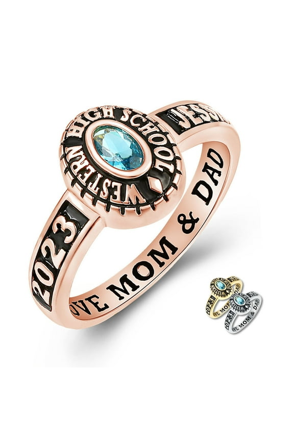 Mementos PJM Custom Class Rings for Women High School or College-Sterling Silver 925/Rose Gold